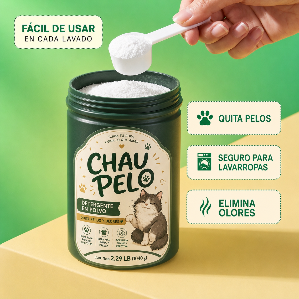 CHAU PELO® – Detergente en Polvo Quitapelos y Olores para Ropa de Mascotas