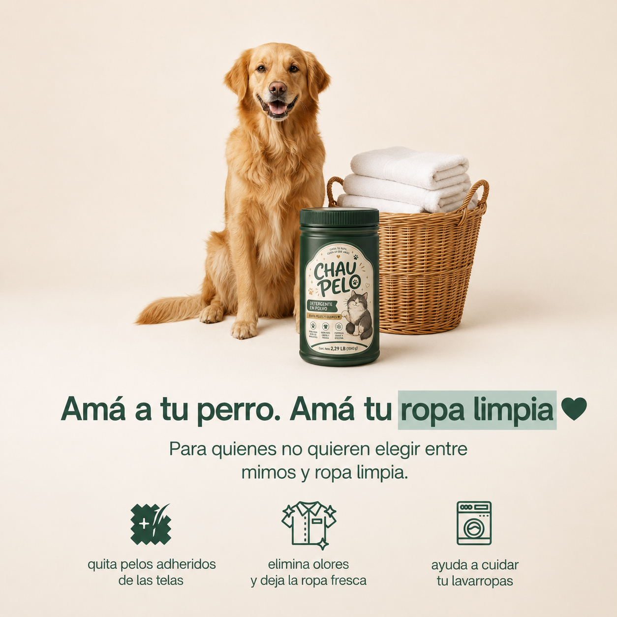 CHAU PELO® – Detergente en Polvo Quitapelos y Olores para Ropa de Mascotas