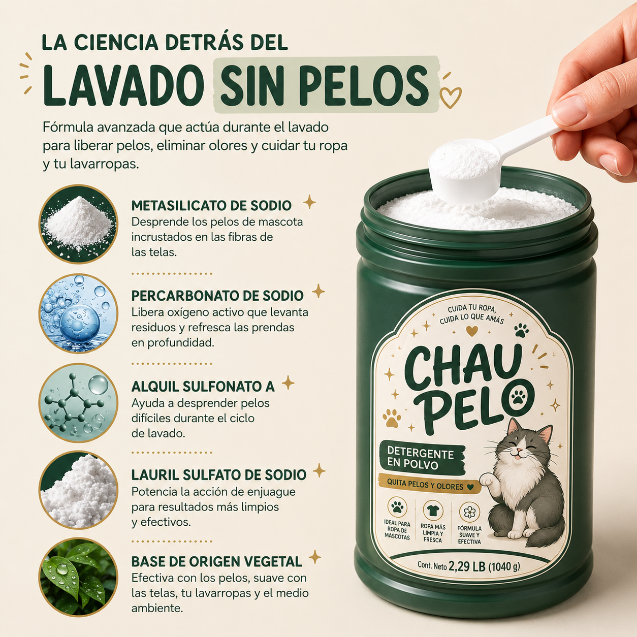 CHAU PELO® – Detergente en Polvo Quitapelos y Olores para Ropa de Mascotas