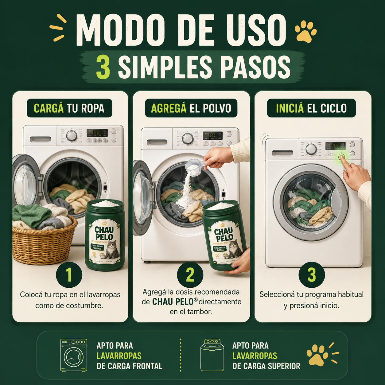 CHAU PELO® – Detergente en Polvo Quitapelos y Olores para Ropa de Mascotas
