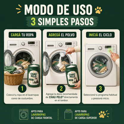 CHAU PELO® – Detergente en Polvo Quitapelos y Olores para Ropa de Mascotas